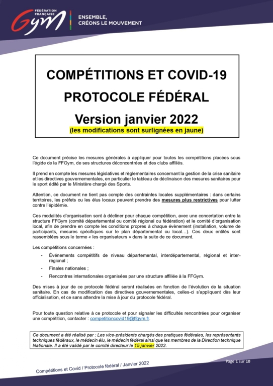 COMPÉTITIONS ET COVID-19 PROTOCOLE FÉDÉRAL
